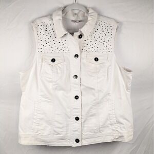 Vtg White Denim‎ Vest Womens 2X Studded Button Y2K Glam Western Indie Sleaze